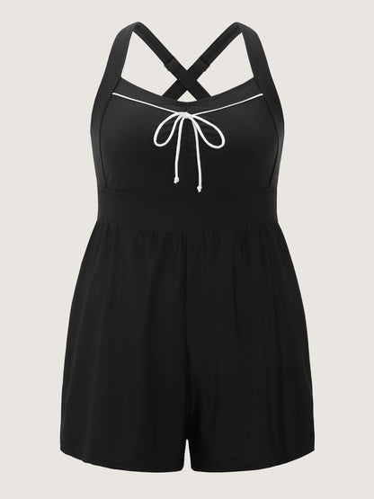 Bow-Tie Color Contrast Shirred Swim Romper