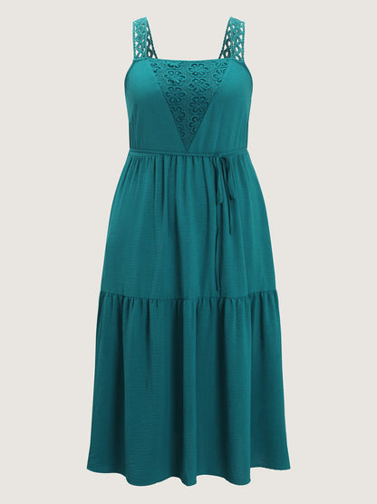 Floral Lace Textured Neckline Wide Strap Midi Dress