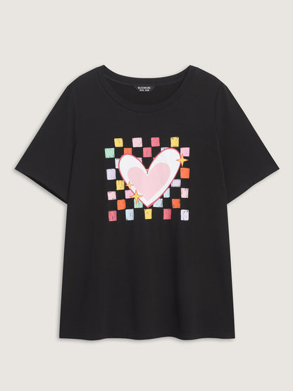 Multi-Color Heart Stretchy Round Neck T-Shirt