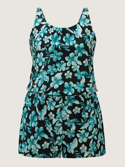 plus size Tropical Flower Print Pockets One-Piece Swimsuit