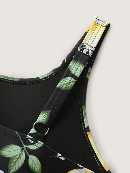 Lemon Print Scoop Neck Swim Top
