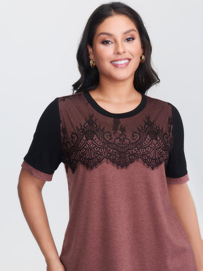 Stretchy Scalloped Lace Color Contrast T-Shirt
