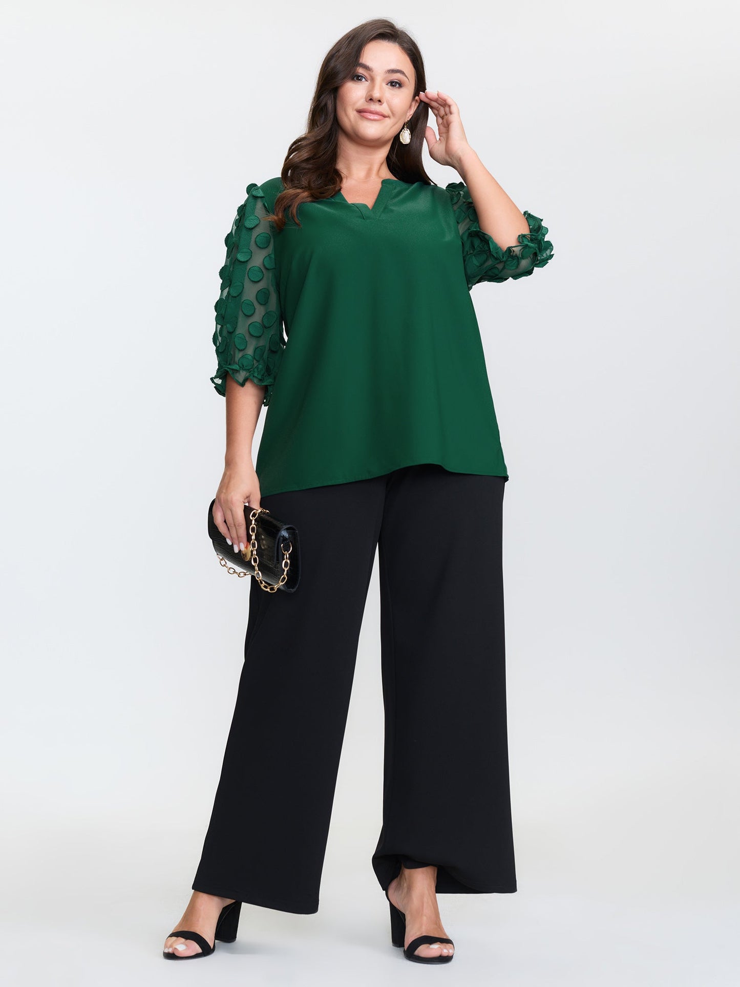 Textured Sleeve Notched Collar Blouse
