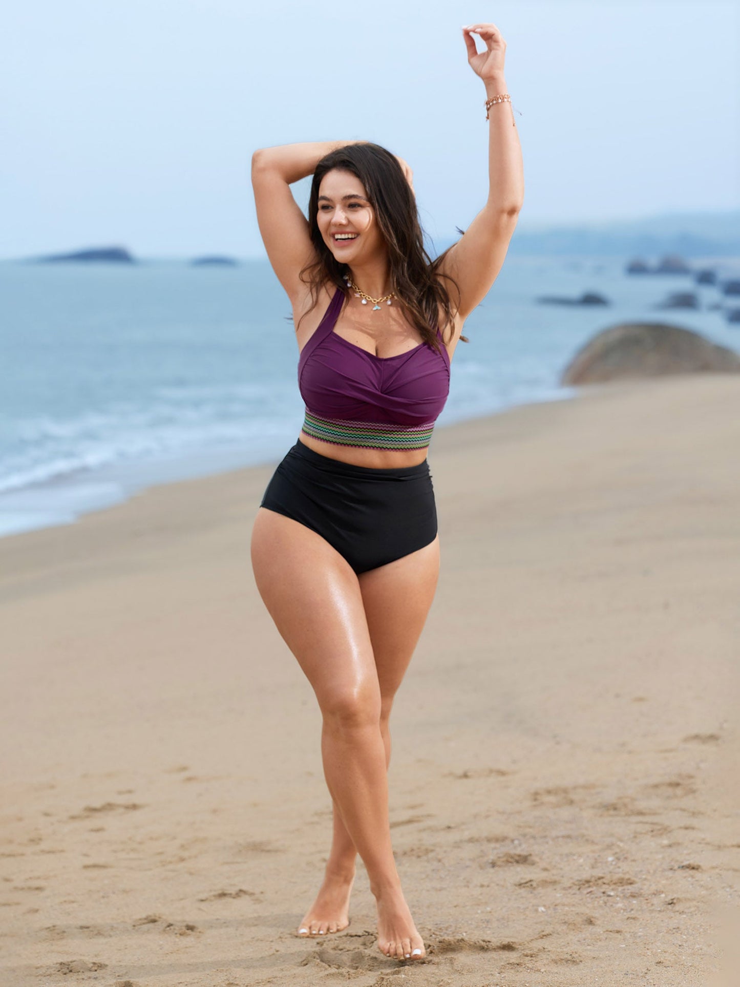 Twist Front Patchwork Woven Ribbon Swim Top