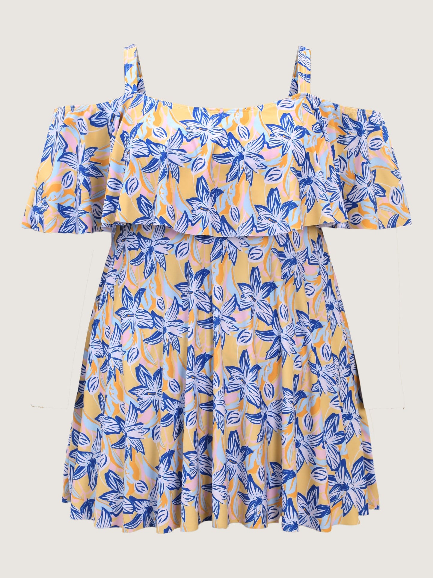 Floral Ruffle Trim Off Shoulder Pockets Swim Dress