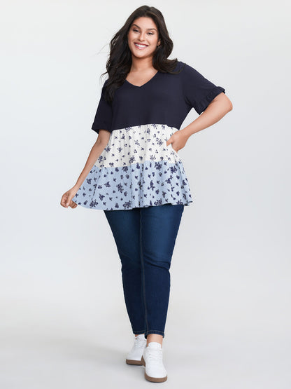 Color Contrast Floral Print Tiered Top