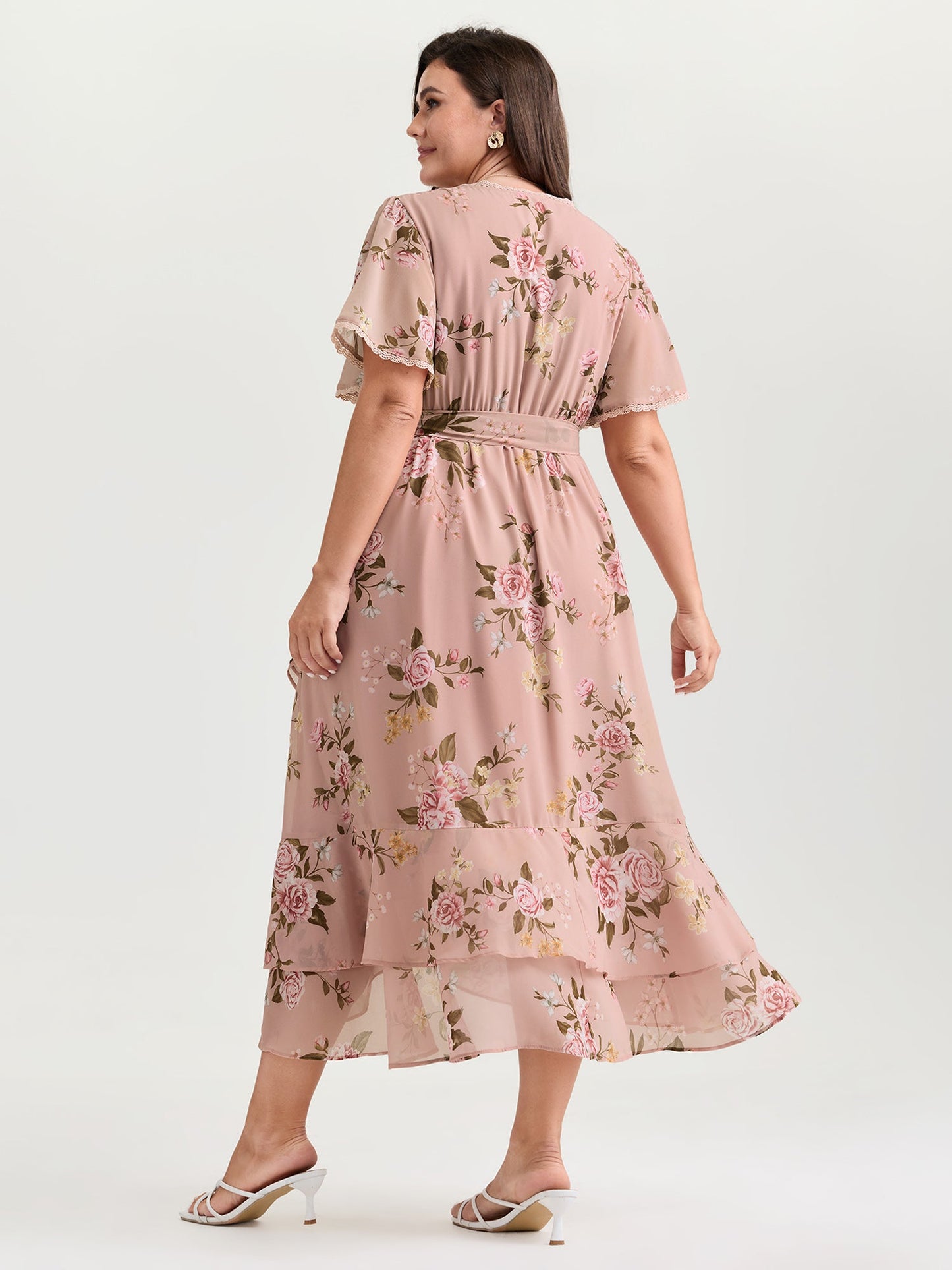 plus size  Soft Floral Print Lotus Leaf Hem Midi Dress