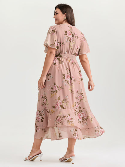 plus size  Soft Floral Print Lotus Leaf Hem Midi Dress