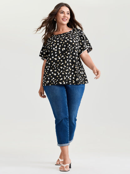 Irregular Polka Dots Print Lace Trim Blouse