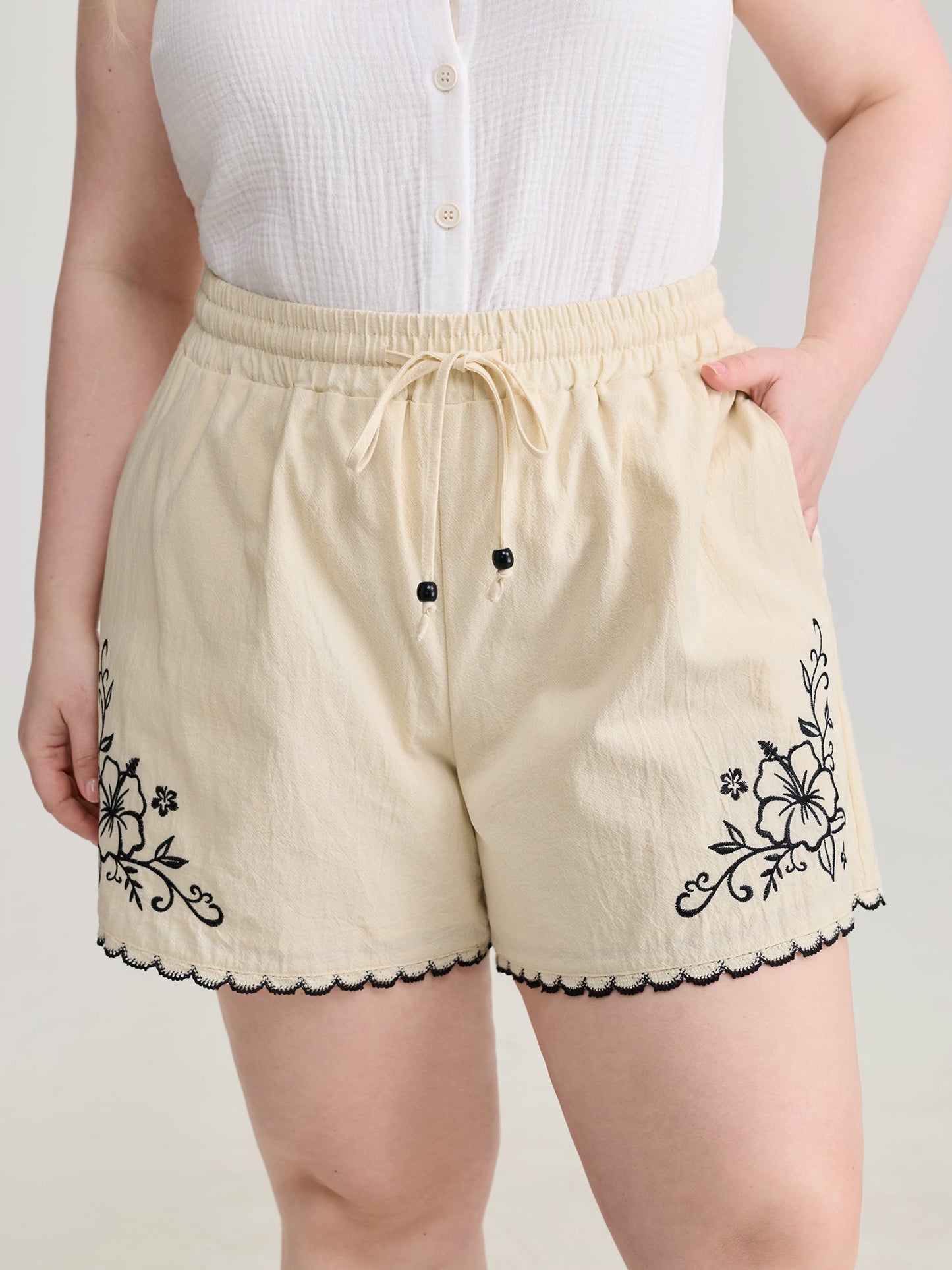 Pure Cotton Embroidered Hem Drawstring Shorts