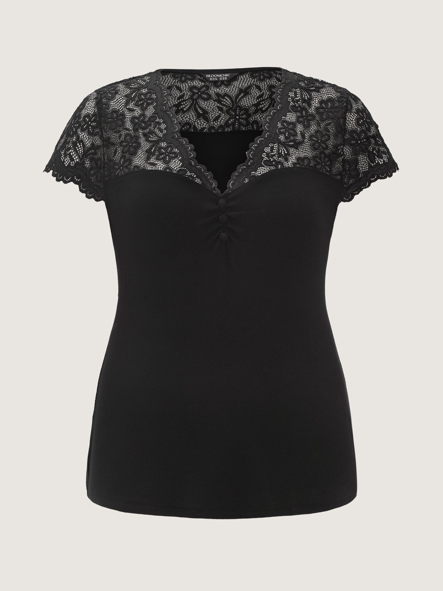 Sheer Lace Neckline Shirred Knit Top