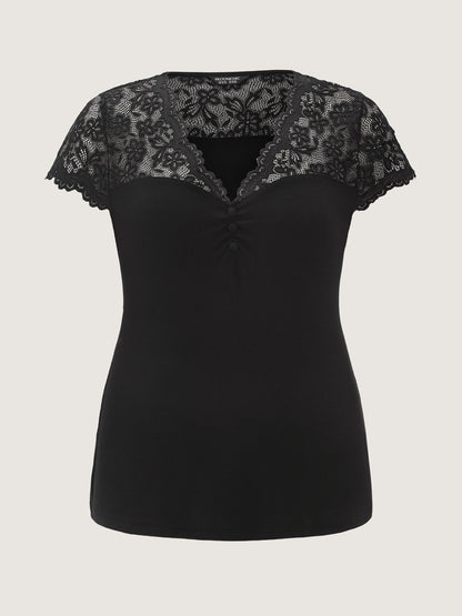 Sheer Lace Neckline Shirred Knit Top