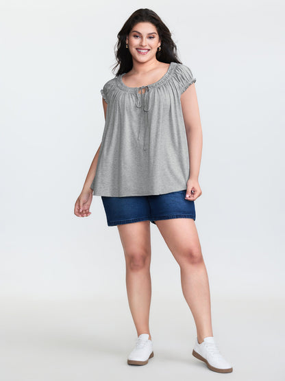 Supersoft Shirred Drawstring Neckline Flowy Top