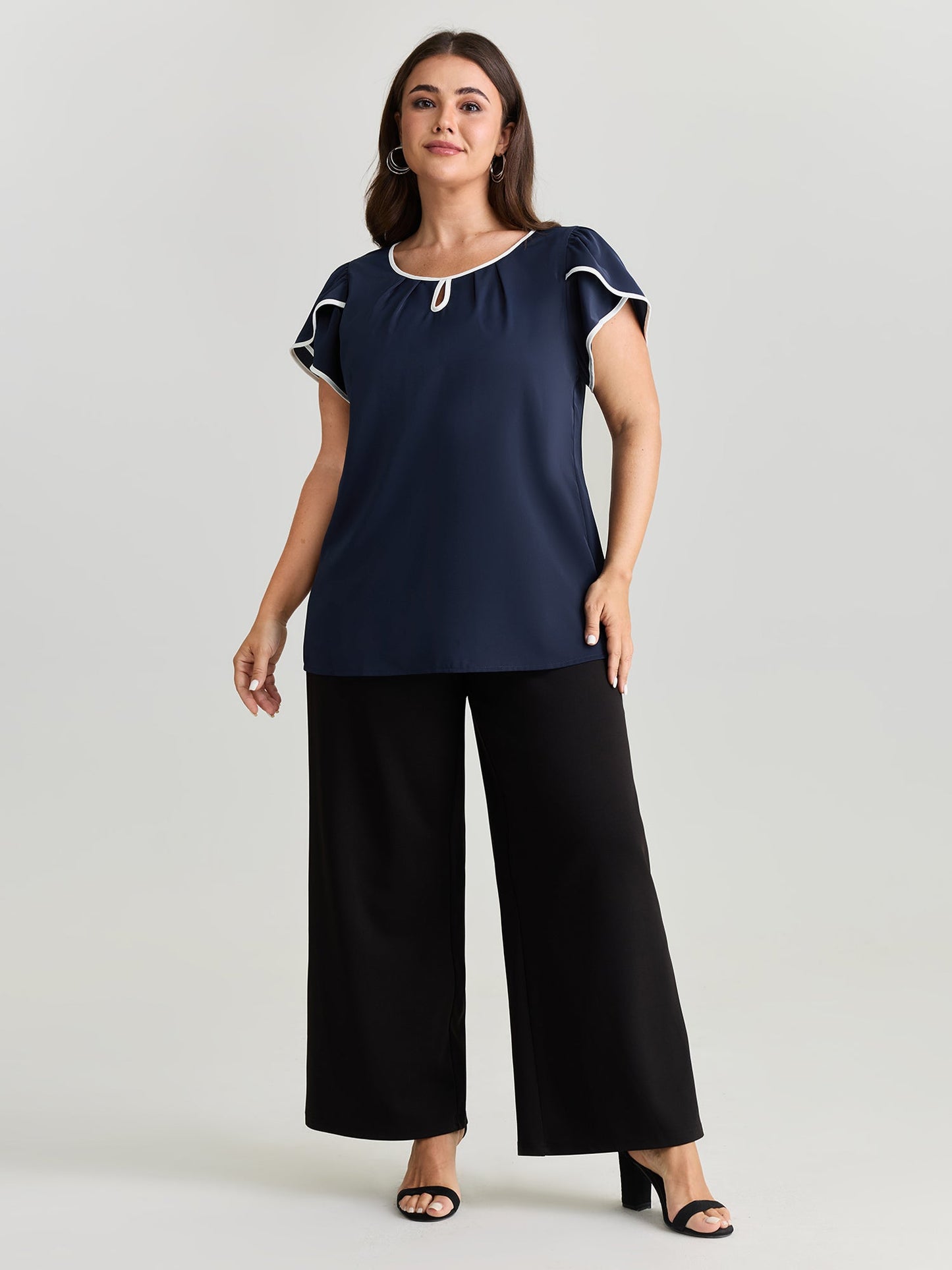Petal Sleeve Color Contrast Plain Blouse
