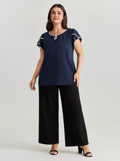Petal Sleeve Color Contrast Plain Blouse