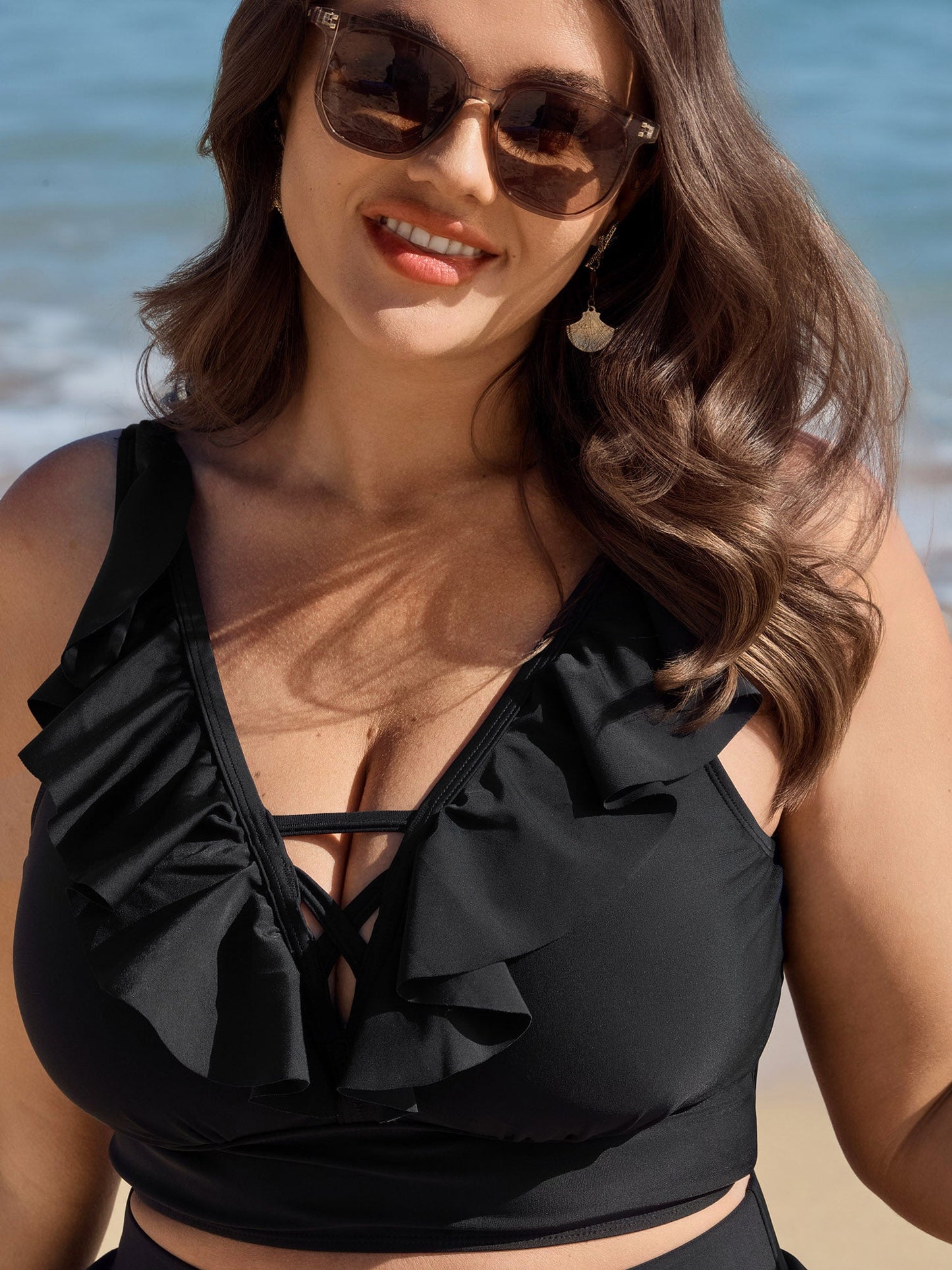 Cut-Out Ruffled Sleeve Swim Top