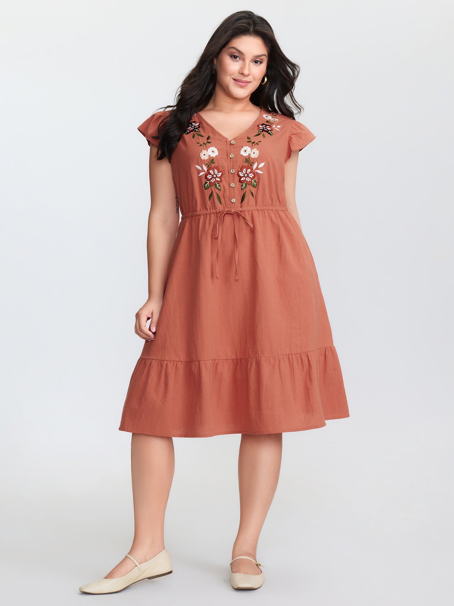 Cotton Floral Embroidery Tiered Mini Dress