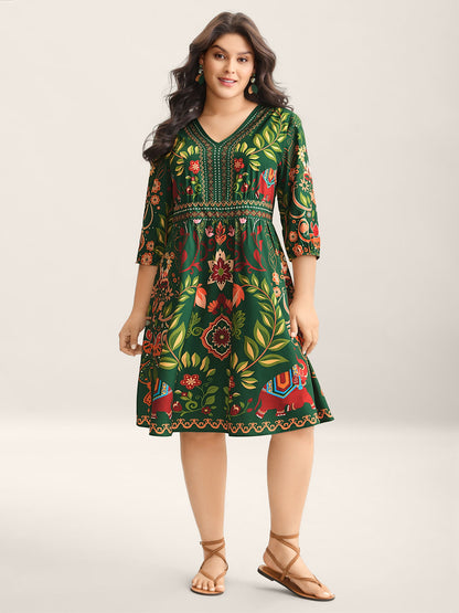 Boho Print V-Neck Pockets Mini Dress