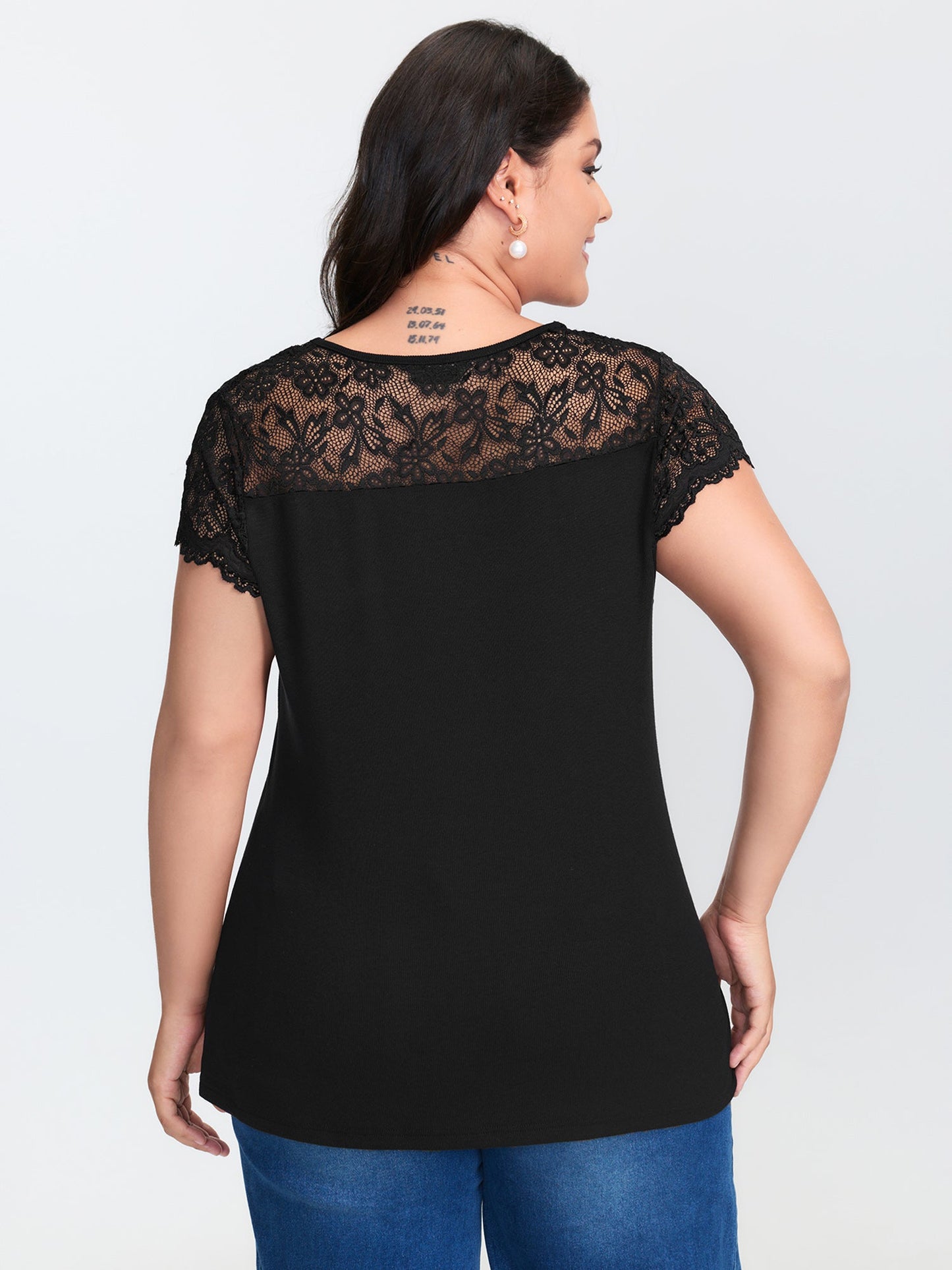 Sheer Lace Neckline Shirred Knit Top