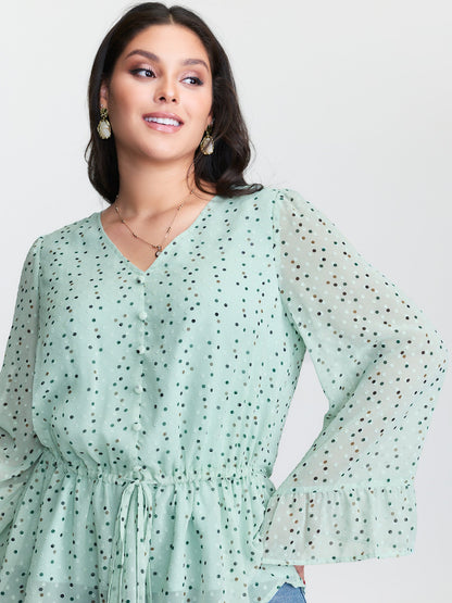 Polka Dots Waist-Tie V-Neck Blouse