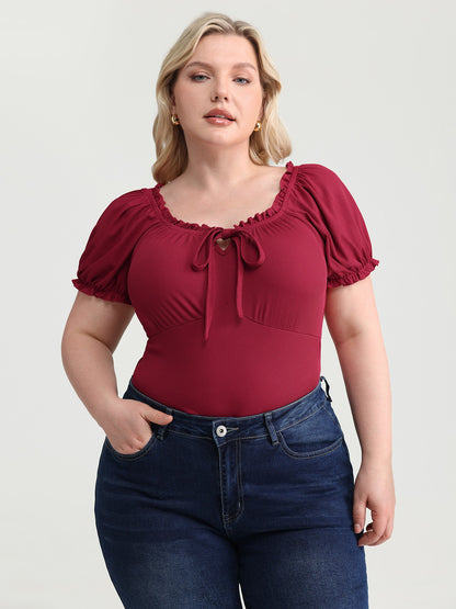 Stretchy Ribbed Drawstring Neckline Knit Top
