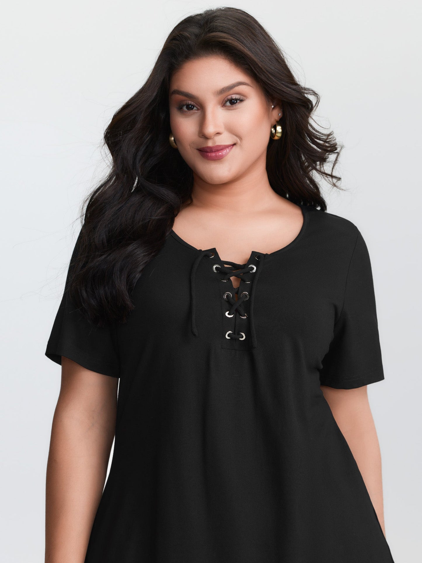 Cross Tie Neckline Plain T-Shirt