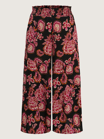 Large Floral Print Wide Shirred Waistband Pants