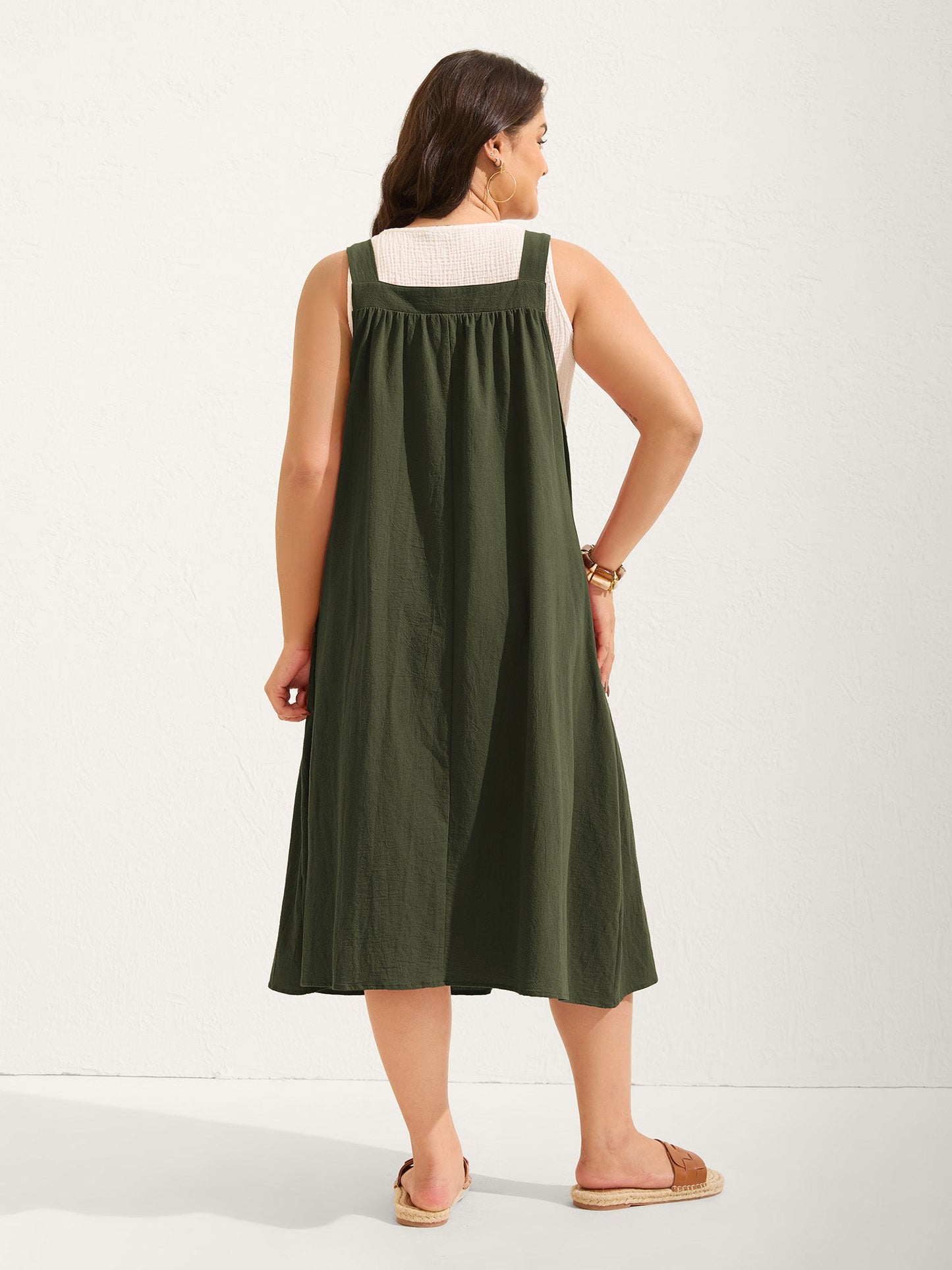 plus size Pure Cotton Pleated Pockets Midi Dress