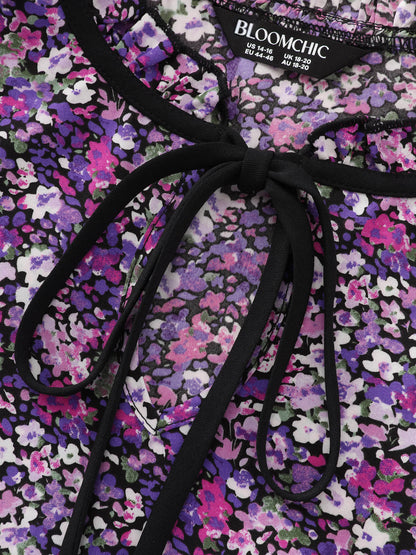 Dense Floral Print Ruffled Mock Neck Blouse