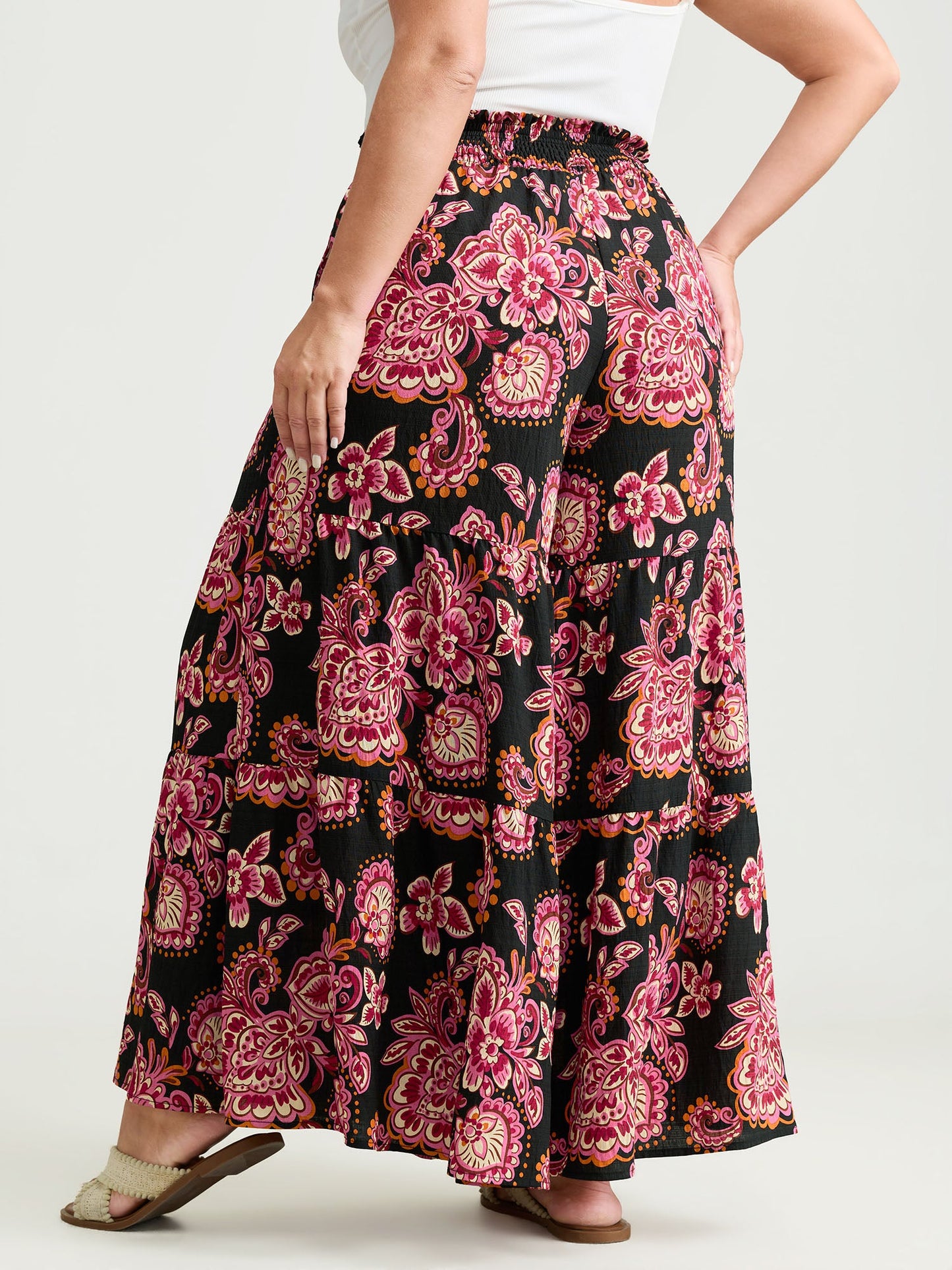 Large Floral Print Wide Shirred Waistband Pants