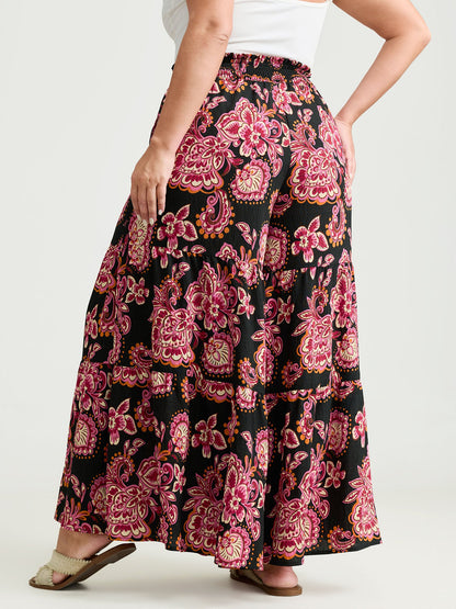 Large Floral Print Wide Shirred Waistband Pants