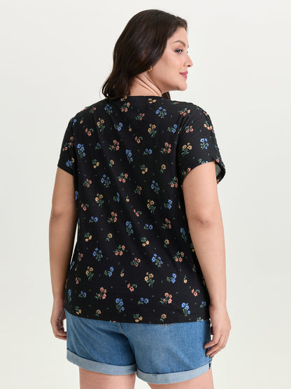 Cotton Floral Print Shirred Half-Sleeve T-Shirt