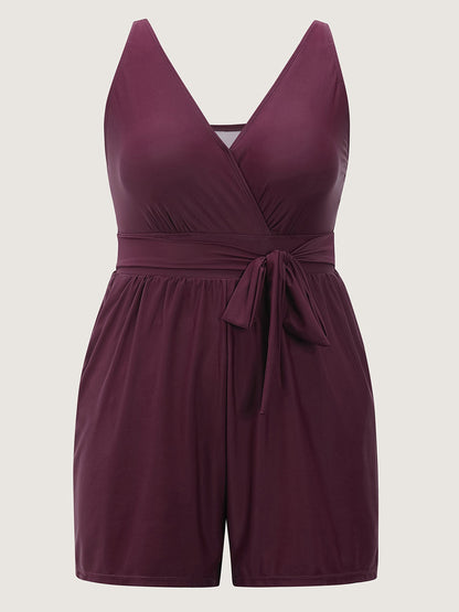 Surplice Neckline Belted Plain One-Piece Swimsuit