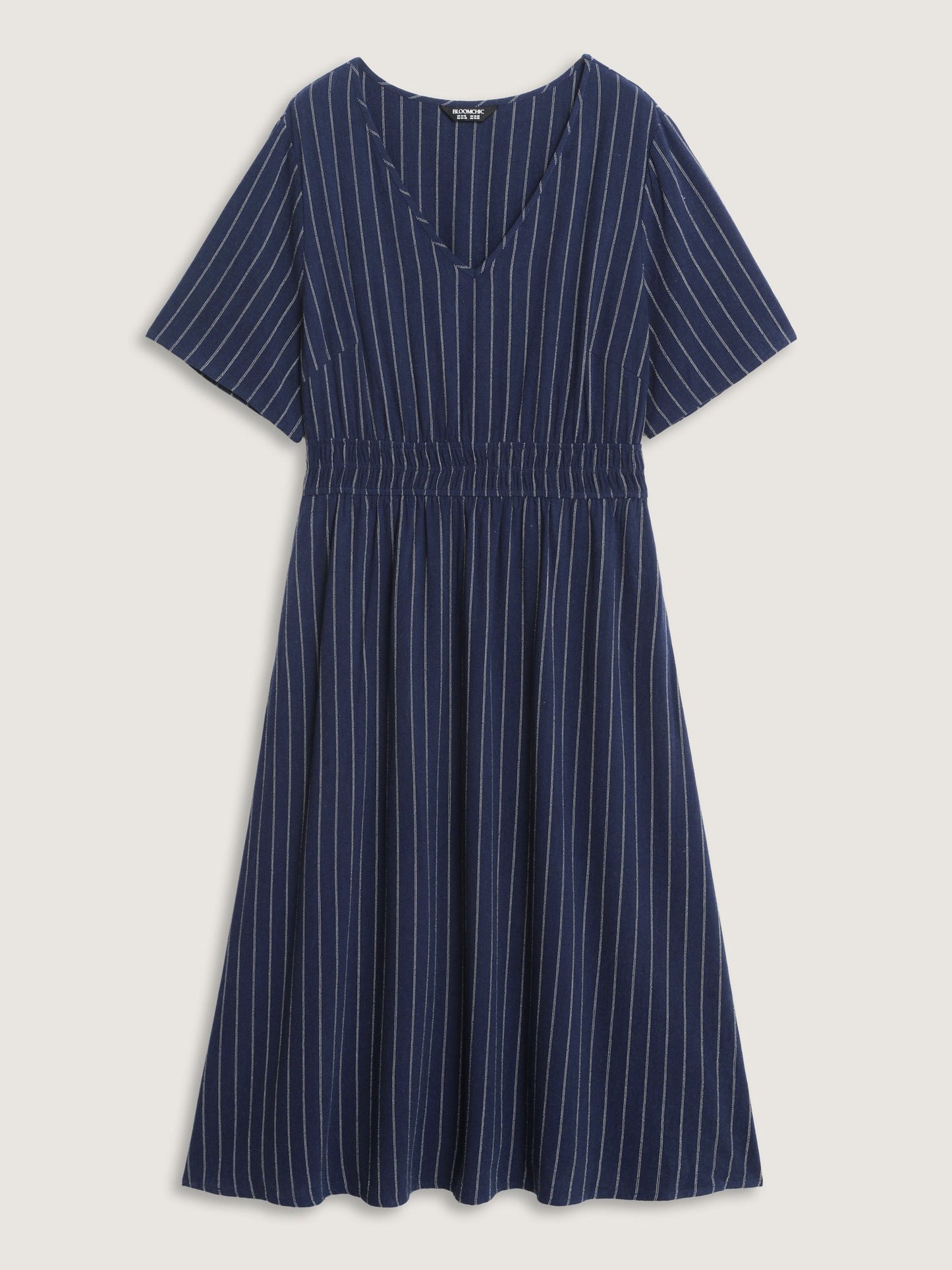 Striped V-Neck Shirred Waist Midi Dress