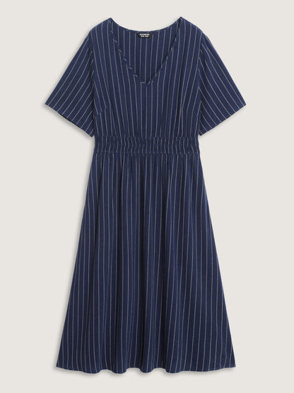 Striped V-Neck Shirred Waist Midi Dress