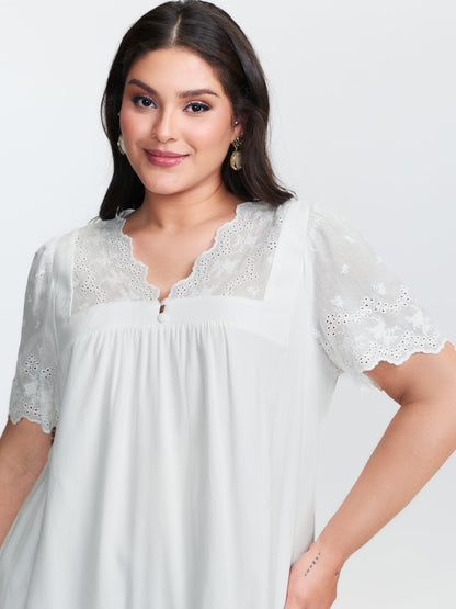 Embroidery Scalloped Sleeve Plain Blouse
