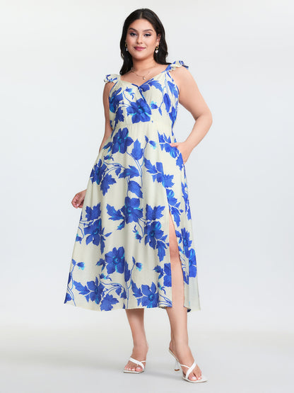 Floral Print Flutter Sleeve Cinched-Waist Midi Dress