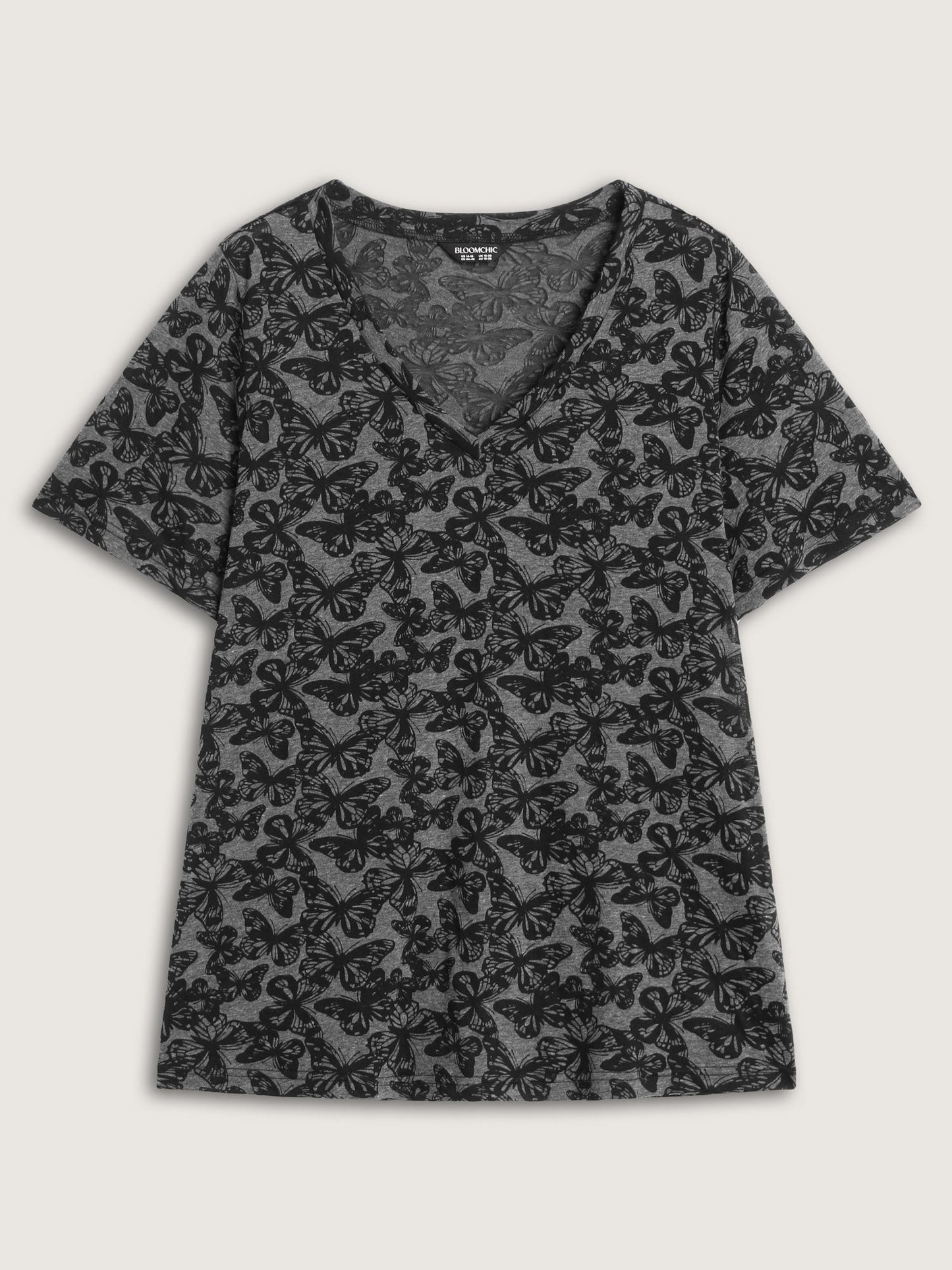 Textured Butterfly Pattern V-Neck T-Shirt