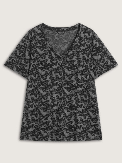 Textured Butterfly Pattern V-Neck T-Shirt