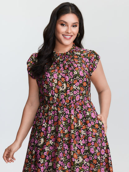 Chic Floral Print Ruffled Mock Neckline Mini Dress