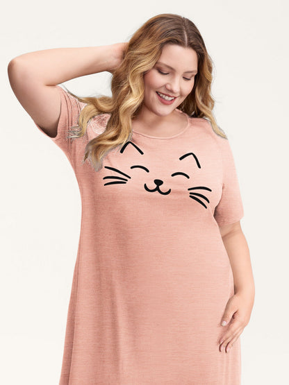 Happy Cat Print Stretchy Contrast Nightgown