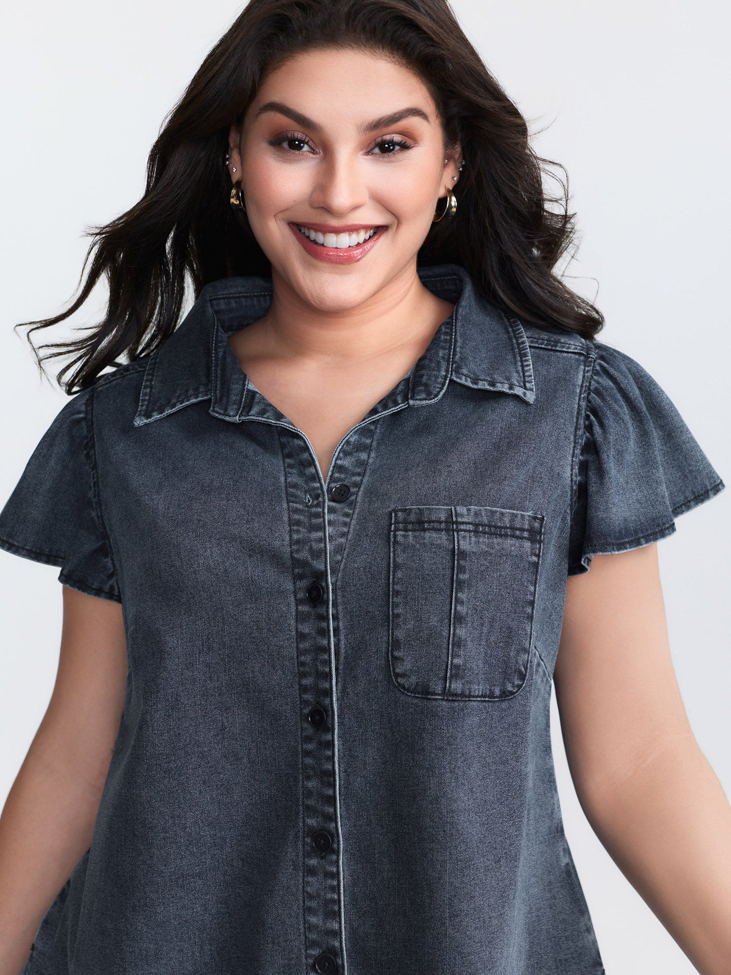 Stretchy Lotus Leaf Sleeve Denim Top