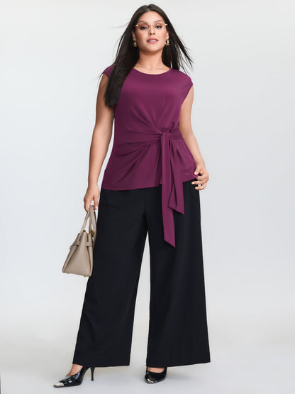 Ruched Side Knotted Plain Knit Top