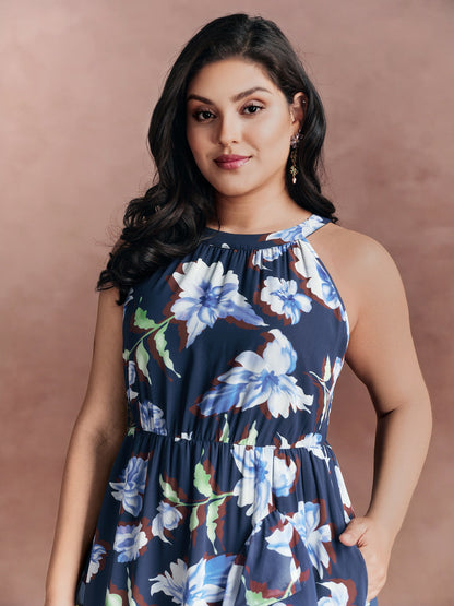 Floral Print Halter Neck Slit Maxi Dress
