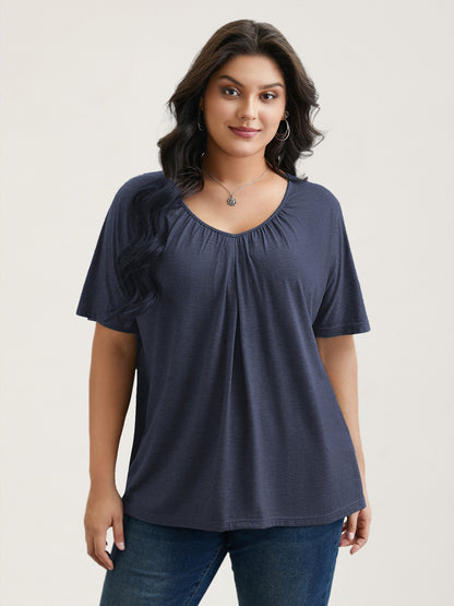 Pleated Plain Half-Sleeve Knit Top