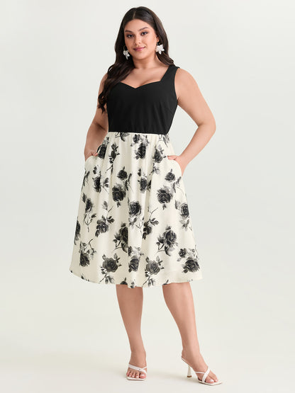 Color Contrast Floral Sweetheart Midi Dress