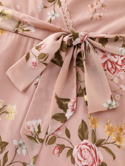 plus size  Soft Floral Print Lotus Leaf Hem Midi Dress