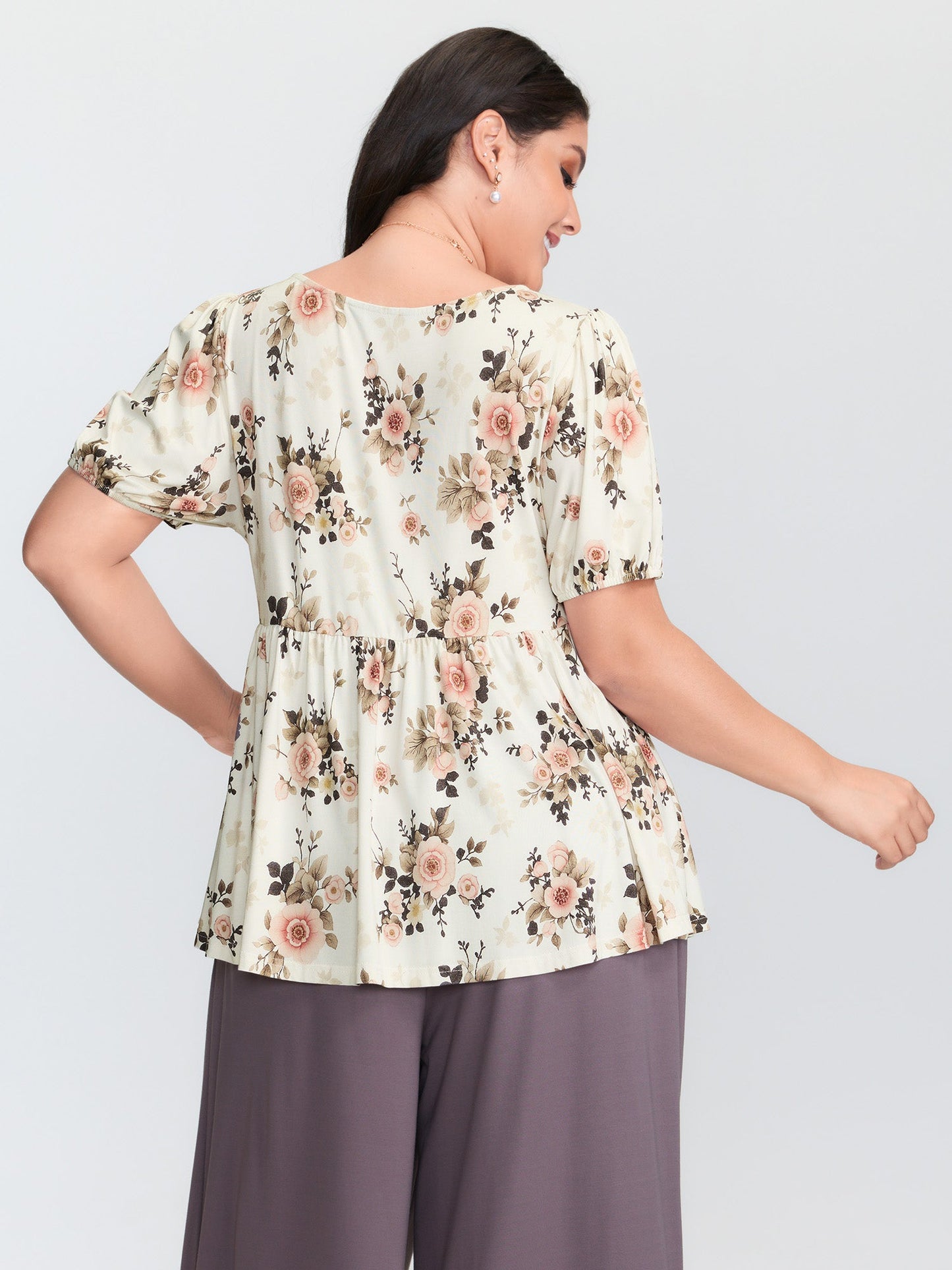 Floral Print Lace Trim Knit Top
