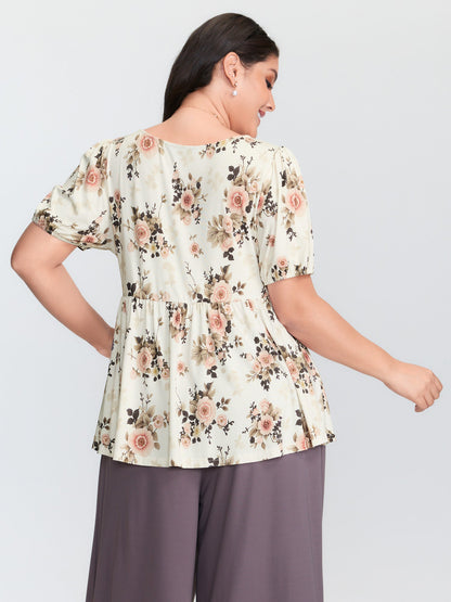 Floral Print Lace Trim Knit Top