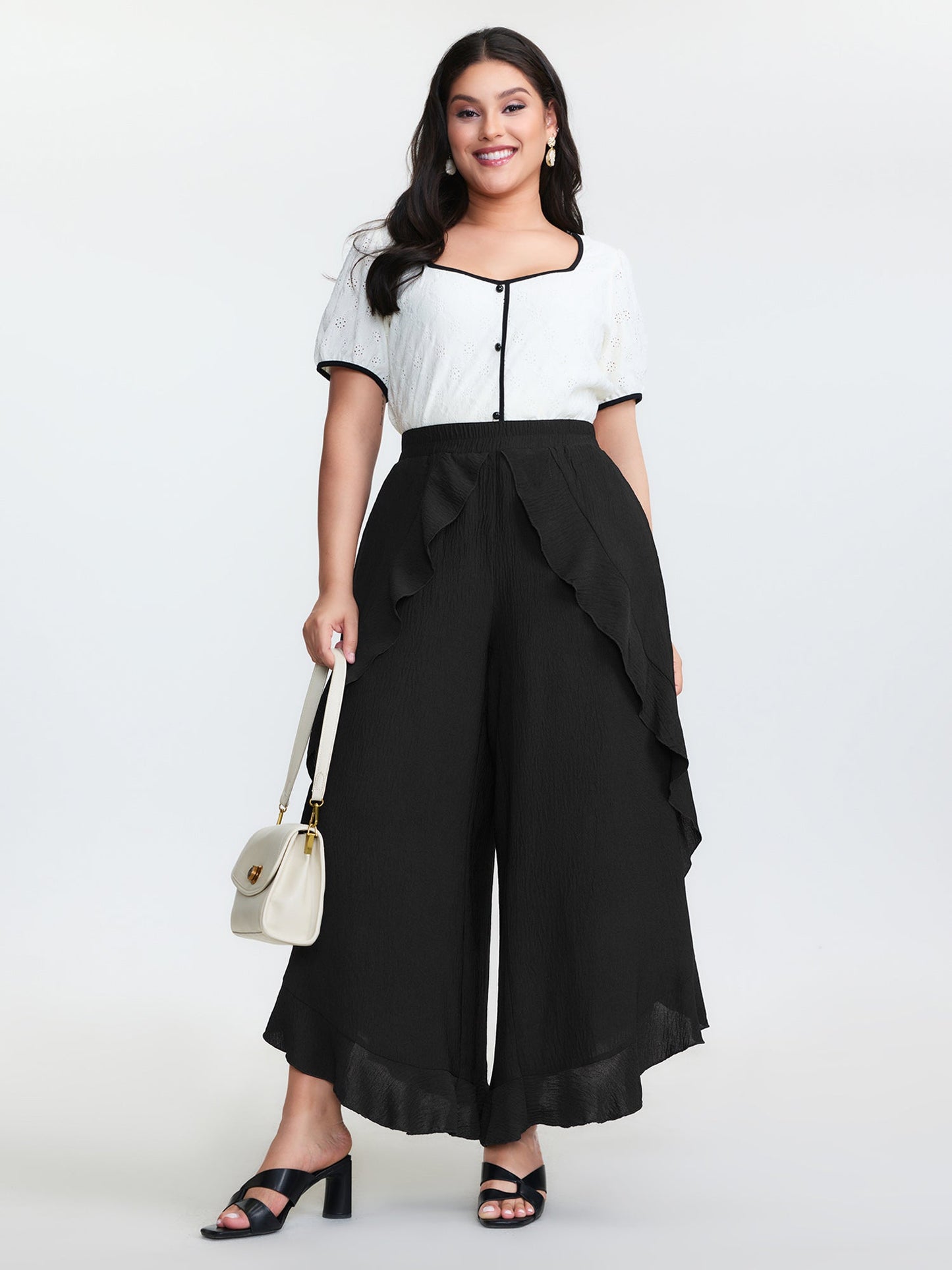 Stretchy Ruffled Trim Wide-Leg Pants